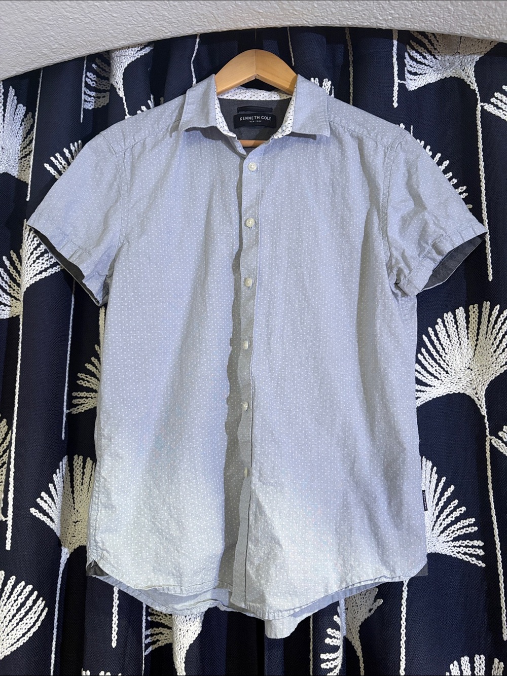 Kenneth Cole Pale Blue Short Sleeve Dot-Print Button Down Shirt